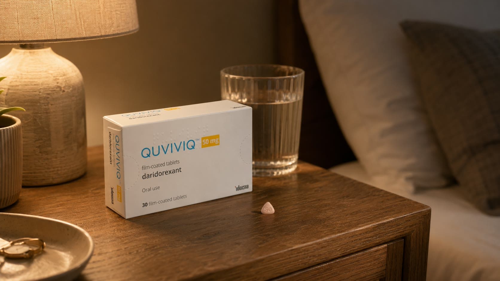 A pack of Quviviq 50 mg tablets on a bedside table, with one triangular tablet in front of the box.
